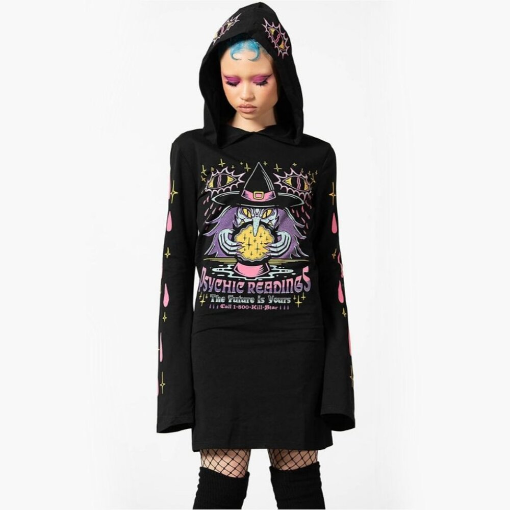 Killstar ✦ Crystal Gazer Hooded Dress ✦ Black Psychic Graphic Bell Sleeves M NWT - Picture 5 of 10